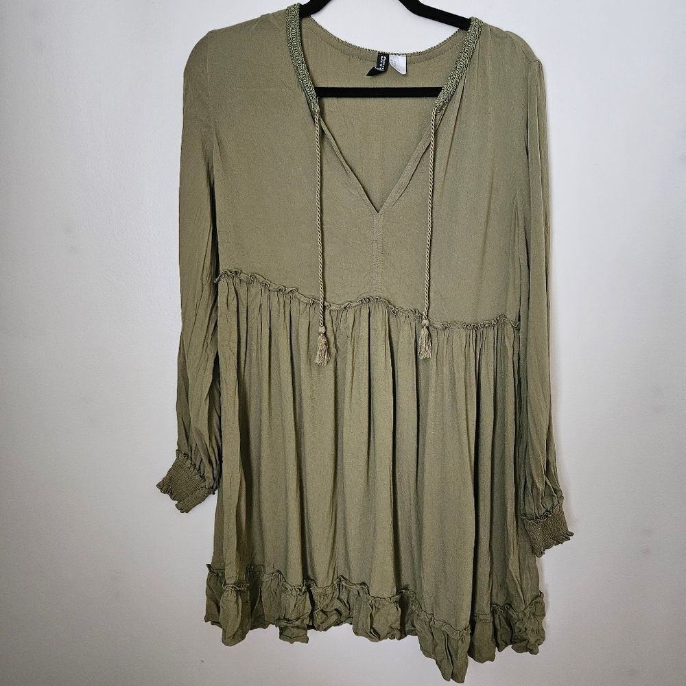 Divided Dress Long Sleeve H&M Green Mini V-Neck Tassels Casual Viscose Neutral